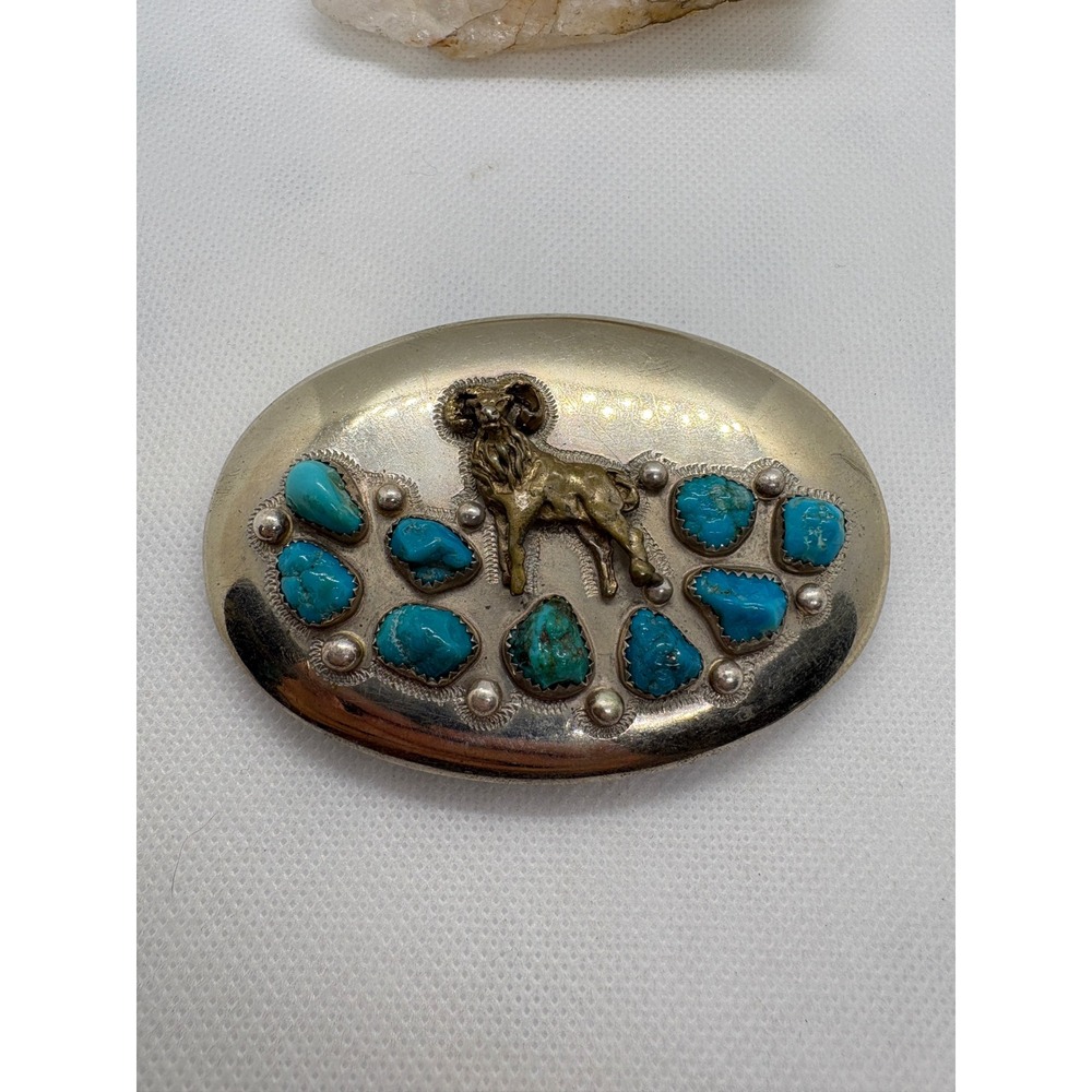 Vintage Ahumada & Sons Baboquivari Turquoise Ram Belt Buckle Silver Tone Oval - Picture 3 of 10